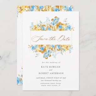luxurious gold turquoise floral save the date card