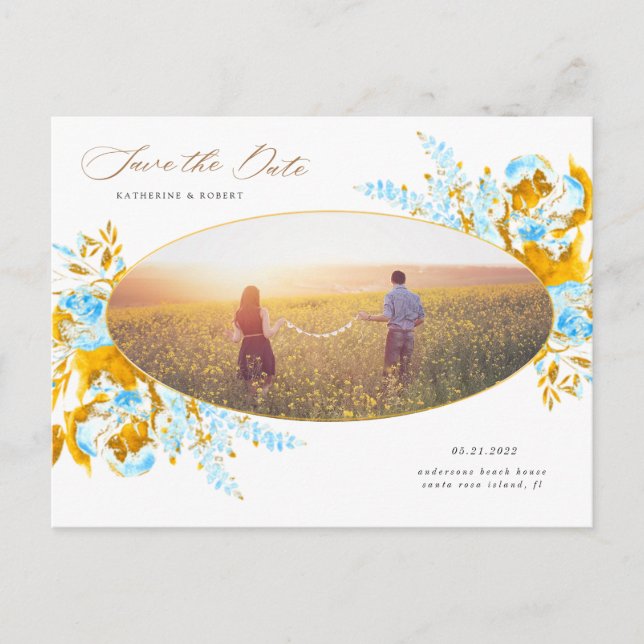 luxurious gold turquoise floral save the date post postcard (Front)