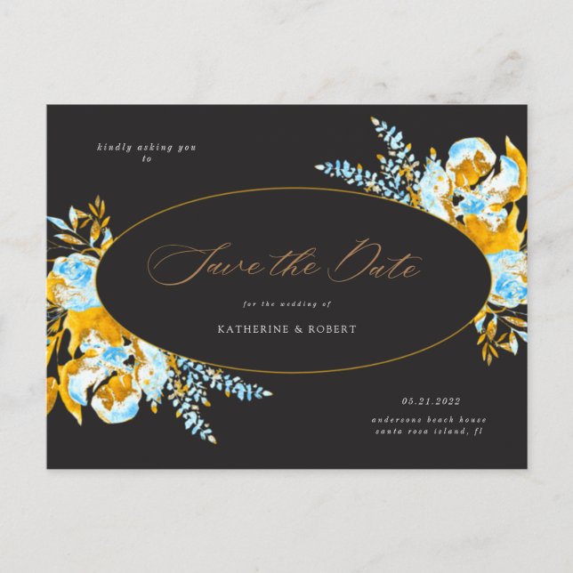 luxurious gold turquoise floral save the date postcard (Front)