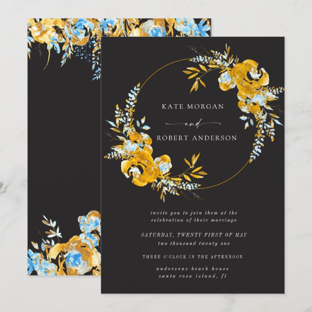 luxurious gold turquoise floral wedding invitation (Front/Back)