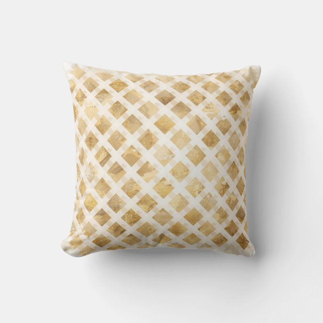 Luxurious, Gold White Lattice Pattern, Crisscross Cushion (Front)