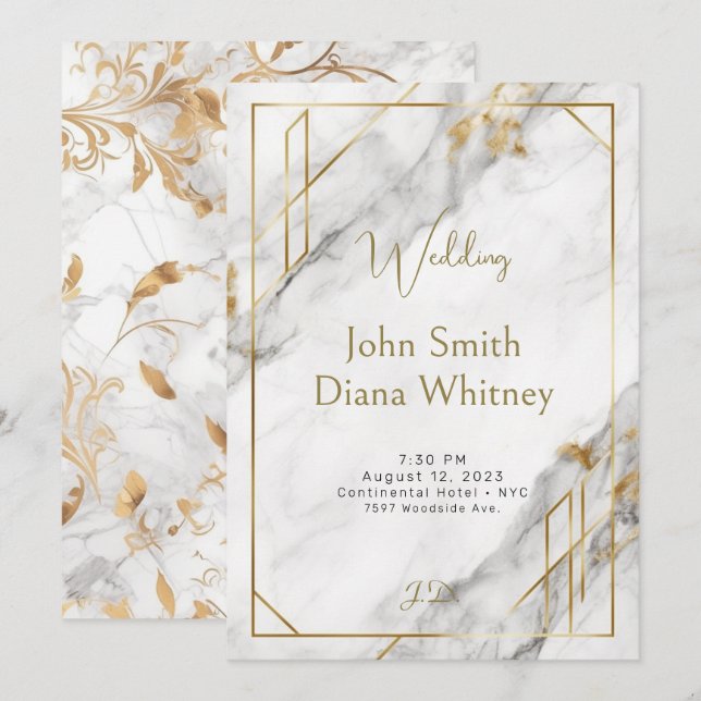 Luxurious Gold & White Marble Wedding Invitation (Front/Back)