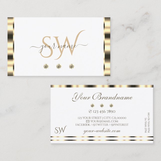Luxurious Gold White Sparkling Diamonds Monogram Business Card (Front/Back)