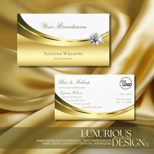 Luxurious Gold White with Logo and Sparkly Diamond Business Card (Creator Uploaded)