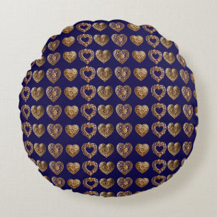 Luxurious Golden Baroque Hearts Pattern on Navy Bl Round Cushion