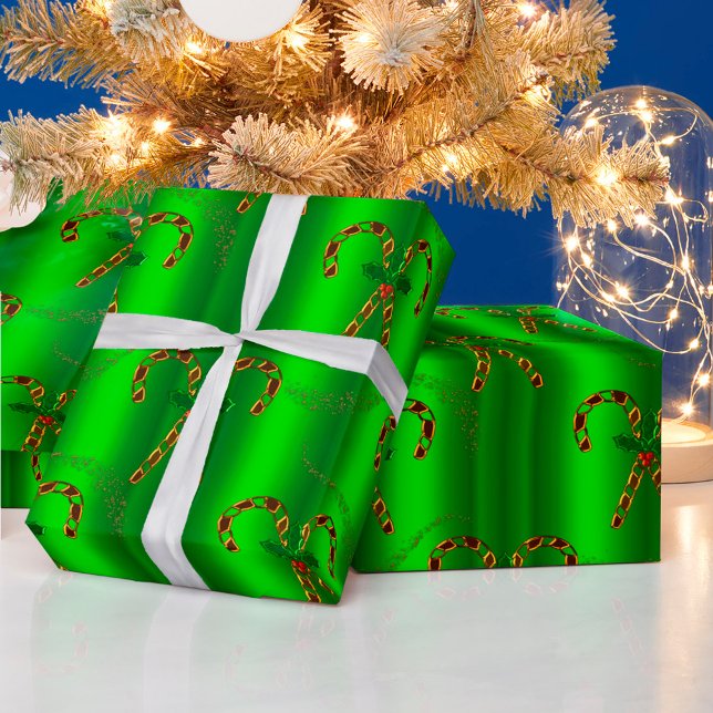 Luxurious Golden Candy Canes on Green Christmas Wrapping Paper (Creator Uploaded)
