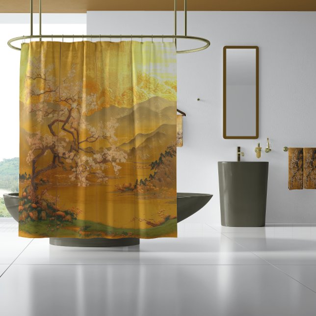 Luxurious Golden Dawn Opulent Far East Inspired Shower Curtain (High-End 17th Century Asian Aesthetic Decor Shower Curtain )