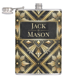 Luxurious Golden Geometric 1920's Dimond Art Deco  Hip Flask