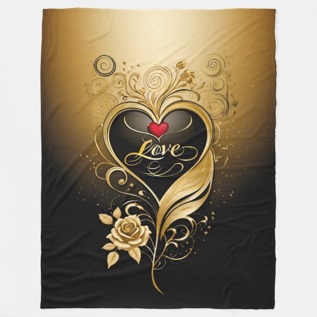 Luxurious golden heart with intricate floral swirl fleece blanket (Front)