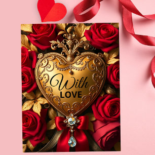 Luxurious Golden Heart with Red Roses and Ribbon Postcard