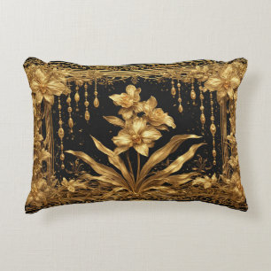 Luxurious Golden Orchid Floral Artwork Decorative Cushion