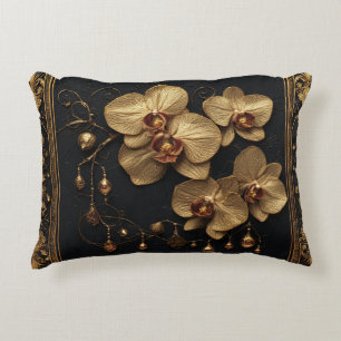 Luxurious Golden Orchid Floral Artwork Decorative Cushion