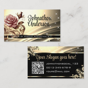Luxurious Golden Pink Rose Glitter Stars QR Code Business Card