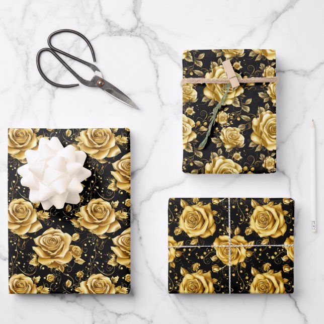 Luxurious Golden Rose Seamless Pattern Wrapping Paper Sheet (Front)