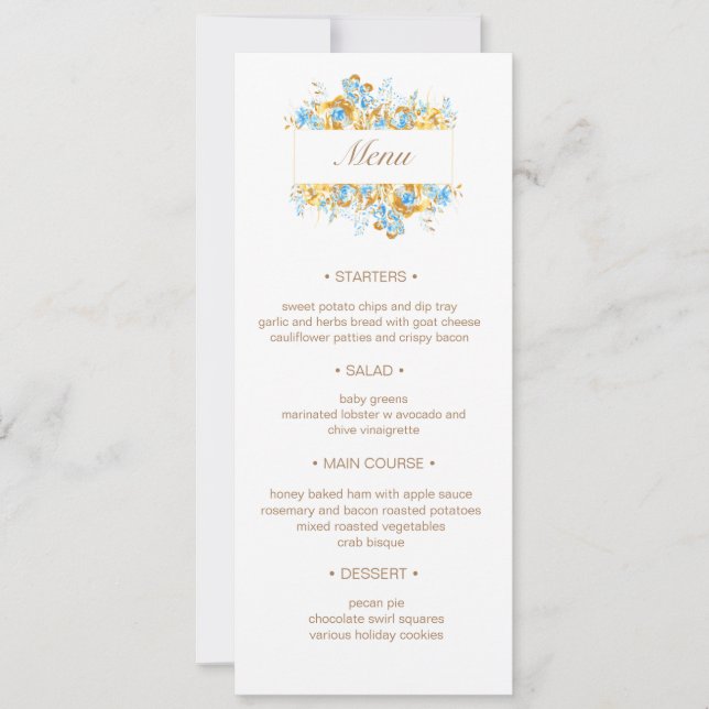 luxurious golden turquoise floral Wedding Menu Inv Invitation (Front)