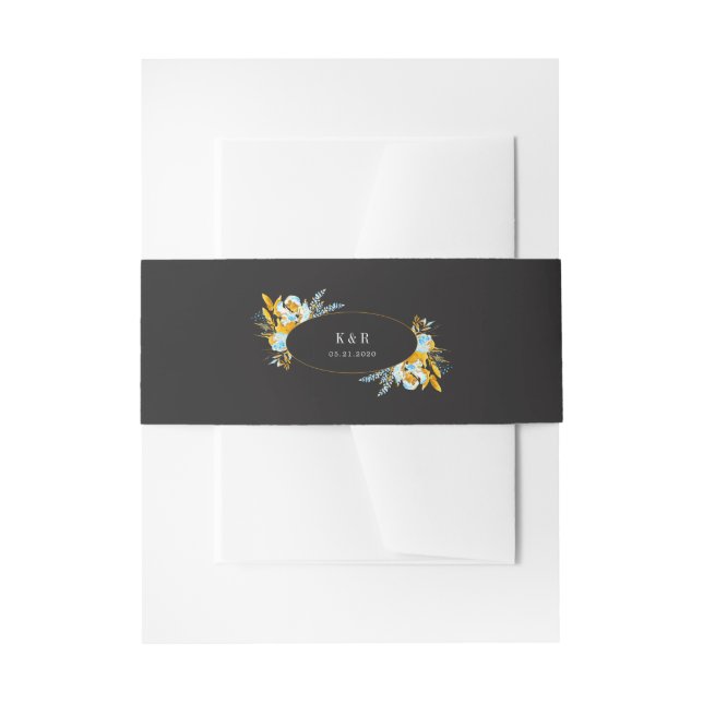 luxurious golden turquoise monogram wedding  invitation belly band (Front Example)