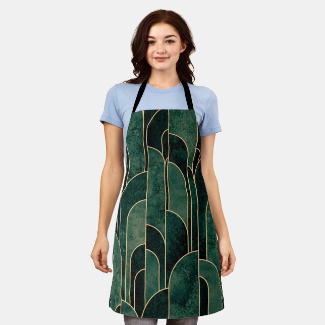 Luxurious Green and Gold Art Deco Pattern Apron (Worn)