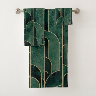 Luxurious Green and Gold Art Deco Pattern Bath Towel Set