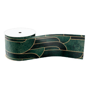 Luxurious Green and Gold Art Deco Pattern Grosgrain Ribbon