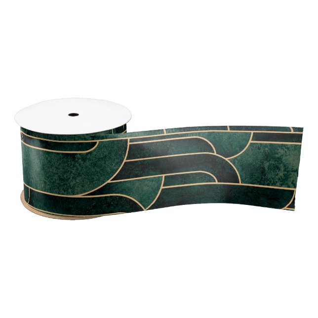 Luxurious Green and Gold Art Deco Pattern Satin Ribbon (Spool)