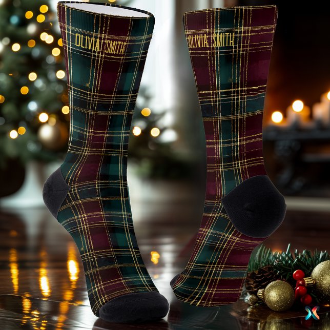 Luxurious Green & Burgundy Christmas Plaid Custom Socks (Creator Uploaded)