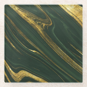Luxurious Green Onyx: Golden Marble. Glass Coaster
