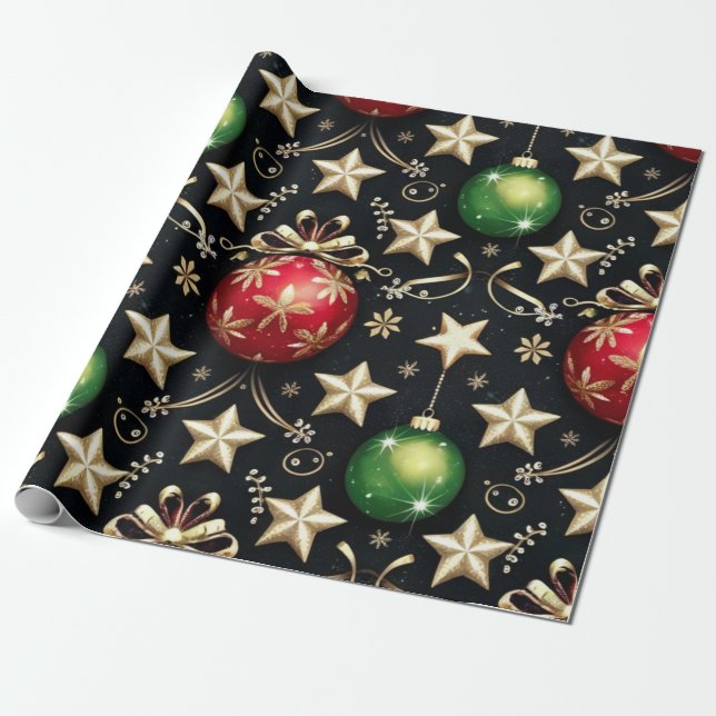 Luxurious Holiday Baubles and Starry Accents Wrapping Paper (Unrolled)