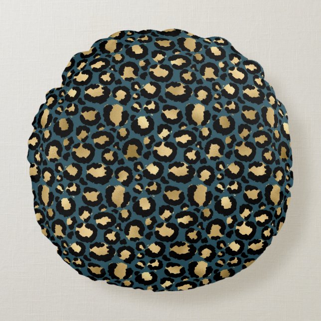 Luxurious Leopard Spots Dark Blue Wild Glam Round Cushion (Front)
