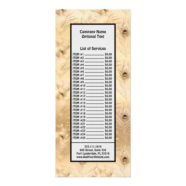 Luxurious Light Brown Peacock Feather Deluxe Rack Card (Front)