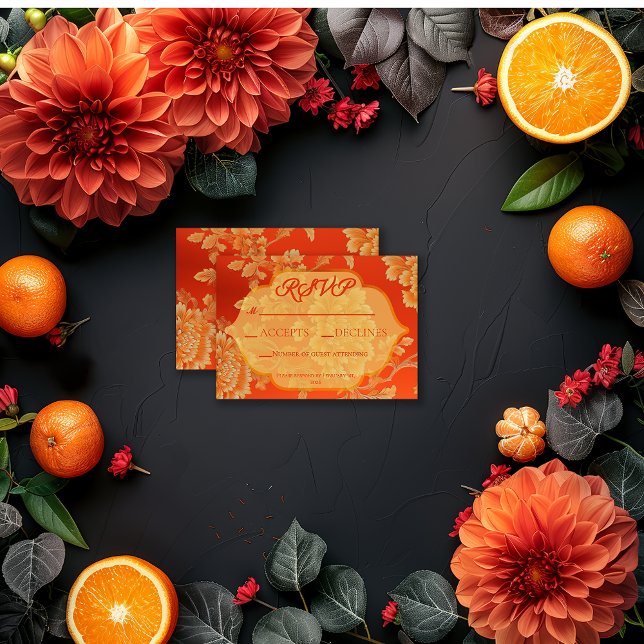 Luxurious Mandarin Orange Floral Wedding RSVP Card (Stunning Vibrant Orange and Gold Floral Mandarin RSVP Enclosure Card )