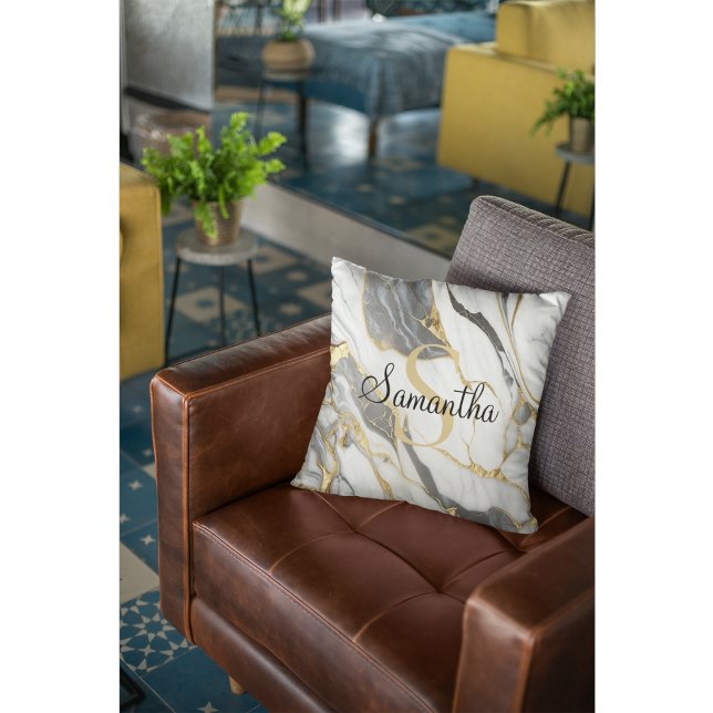 Luxurious  Marble Personalised Gold Grey & White  Cushion (Creator Uploaded)