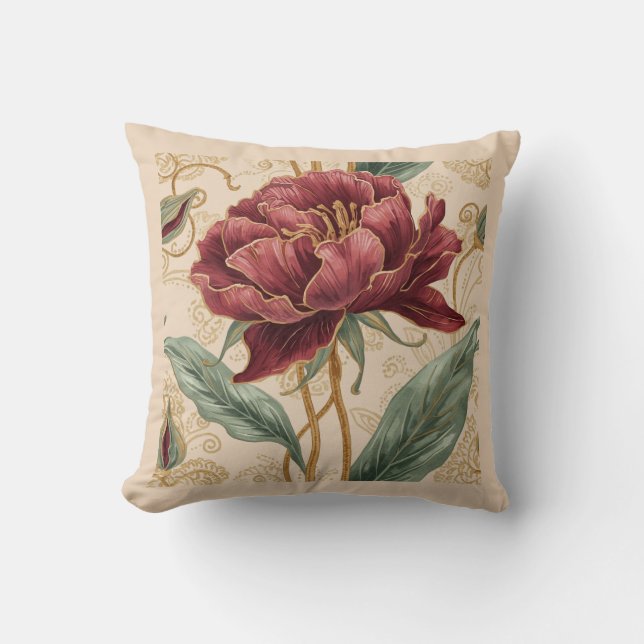 Luxurious, Maroon ,Gold Flowers Design Art  Cushion (Front)