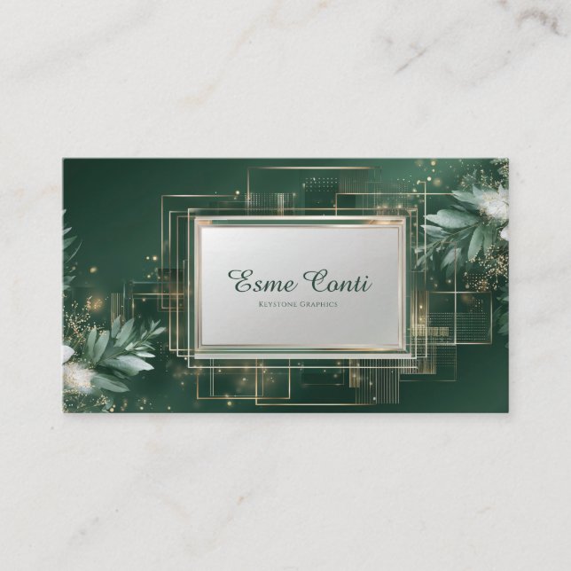 Luxurious Modern Botanical Emerald & Gold Business Card (Front)