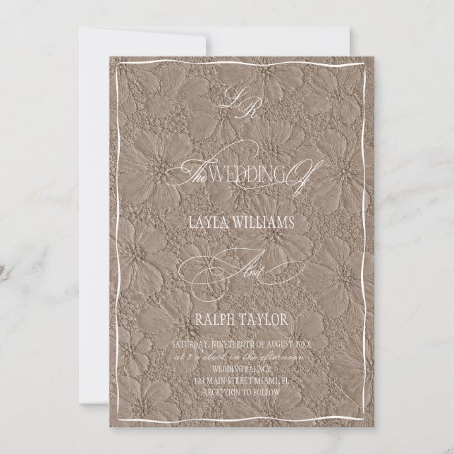 Luxurious Monogram Light Brown Floral Wedding Invitation (Front)
