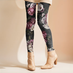 luxurious moody rose white floral bloom leggings