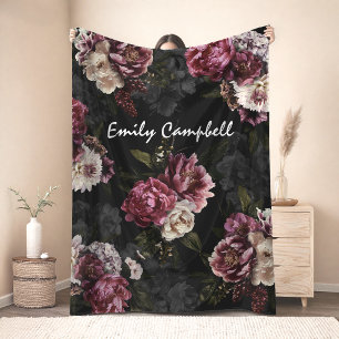 Luxurious Moody Rose White Floral Monogram Fleece Blanket