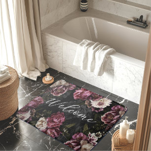 Luxurious Moody White Rose Floral Bloom Monogram Bath Mat