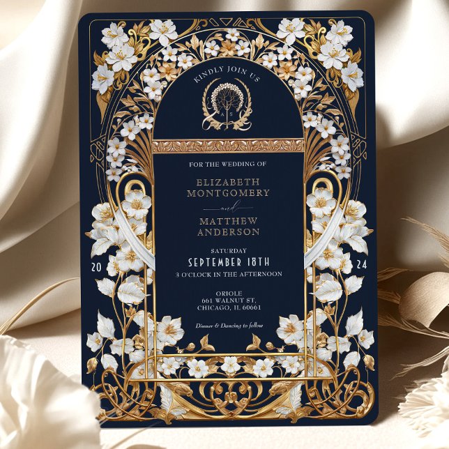 Luxurious Navy Blue & Antique Gold Floral Wedding Invitation (Creator Uploaded)