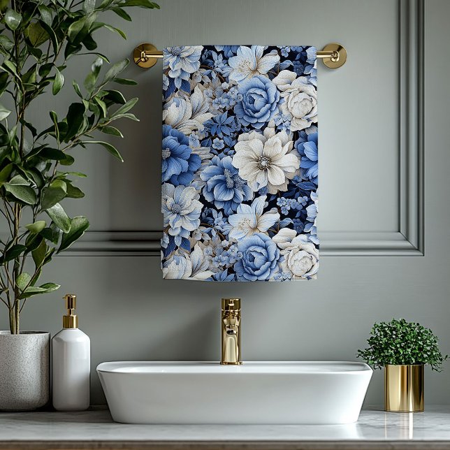Luxurious Navy Blue Flowers Bath Towel Set (Luxurious Navy Blue Flowers Bath Towel)