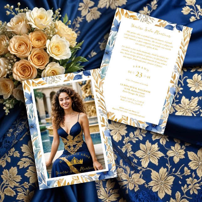 Luxurious Navy Blue & Gold Exquisite Tiara XV's Invitation (Luxurious Navy Blue & Gold Exquisite Tiara Crown Quinceañera Photo Invitations Cards with Botanical )