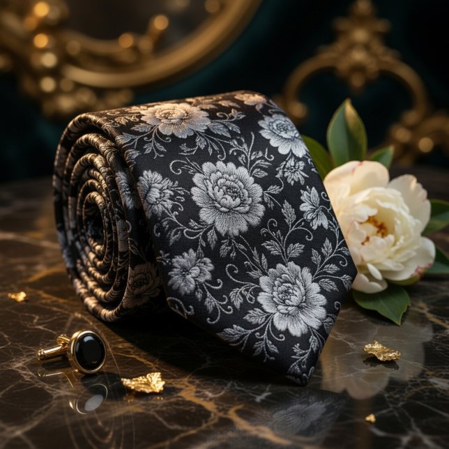 Luxurious Navy Blue Gold Floral Damask Tie (Creator Uploaded)