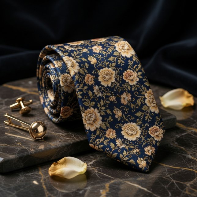 Luxurious Navy Blue Gold Floral Damask Tie (Creator Uploaded)