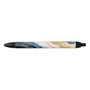 Luxurious Navy Blue & Gold Leaf Marble Black Ink Pen