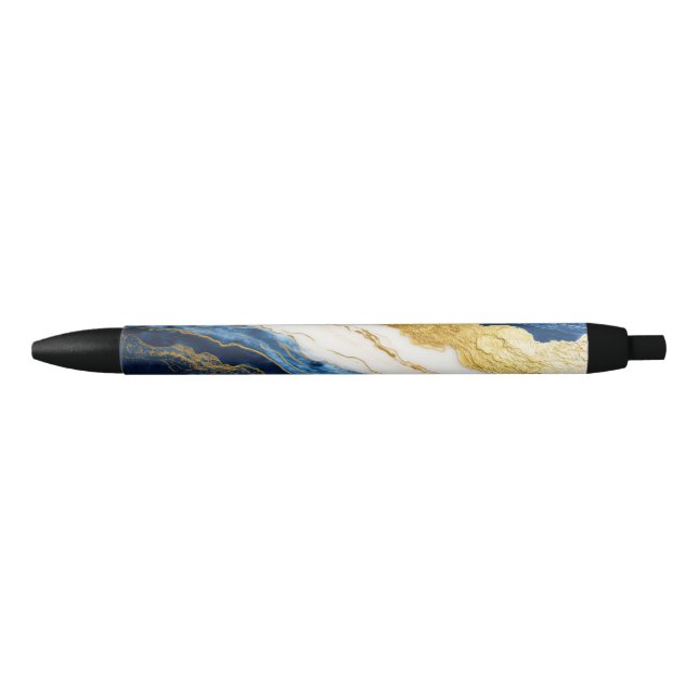 Luxurious Navy Blue & Gold Leaf Marble Black Ink Pen (Front)