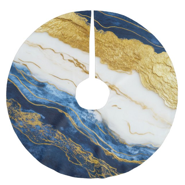 Luxurious Navy Blue & Gold Leaf Marble Brushed Polyester Tree Skirt (Front)