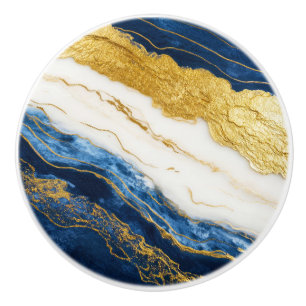 Luxurious Navy Blue & Gold Leaf Marble Ceramic Knob