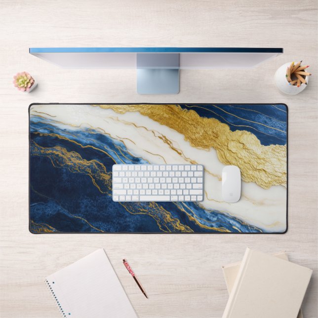 Luxurious Navy Blue & Gold Leaf Marble Desk Mat (Office 1)