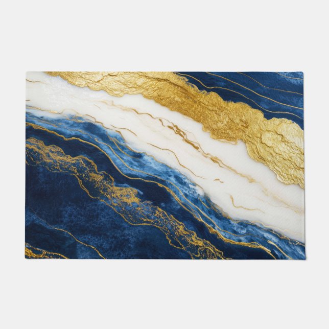Luxurious Navy Blue & Gold Leaf Marble Doormat (Front)
