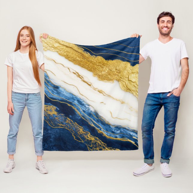 Luxurious Navy Blue & Gold Leaf Marble Fleece Blanket (In Situ)