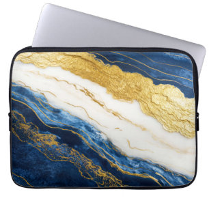Luxurious Navy Blue & Gold Leaf Marble Laptop Sleeve